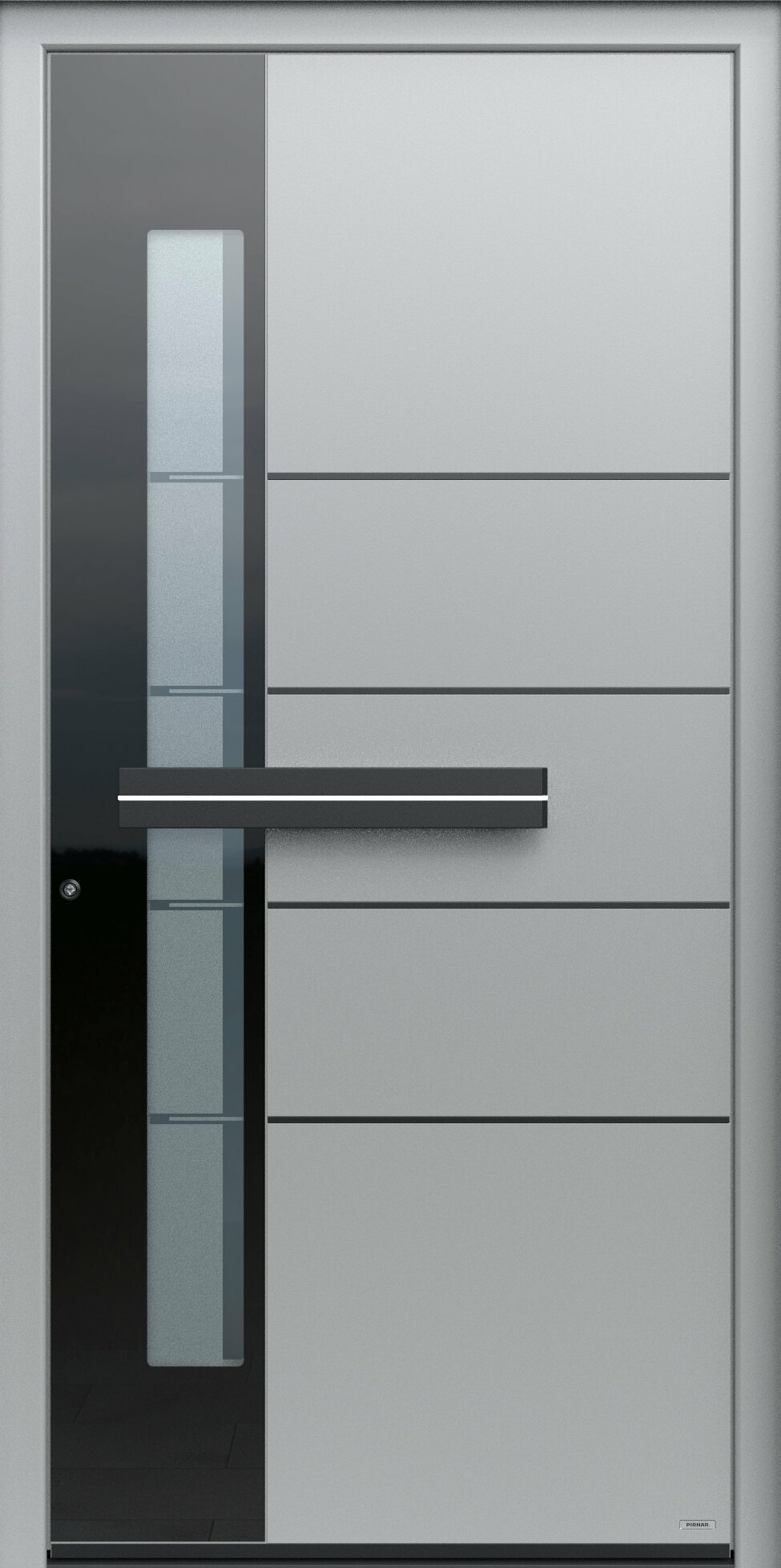 Eine moderne Tür mit einem schwarz-grauem gestreiften Design, einem horizontalen Balken links und einem rechteckigen Griff.