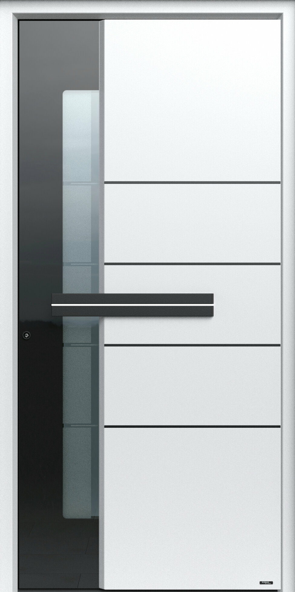 Eine moderne schwarz-weiße Tür mit einem schwarzen Griff und mit horizontalen Lisenen.