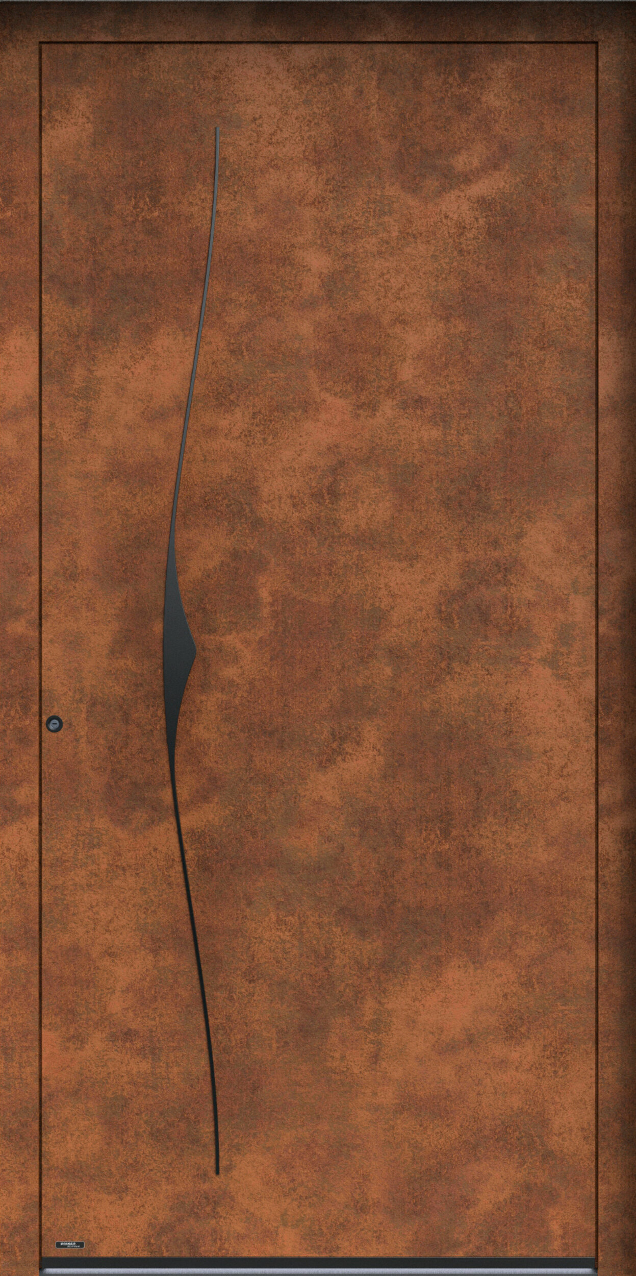 Eine Haustür im Stil einer verrosteten Oberfläche und mit einem schwarzen, kleinen Griff ausgestattet.